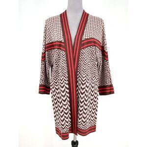 Zozo Sweater Womens Medium Gray Red Brown Open Cardigan Long Sleeve Boho Hipster